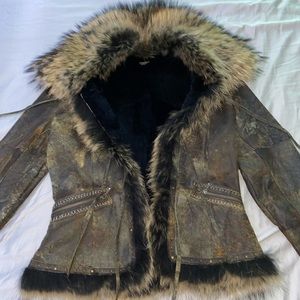 overland real fur raccoon and rabbit brown leather sheep skin jacket